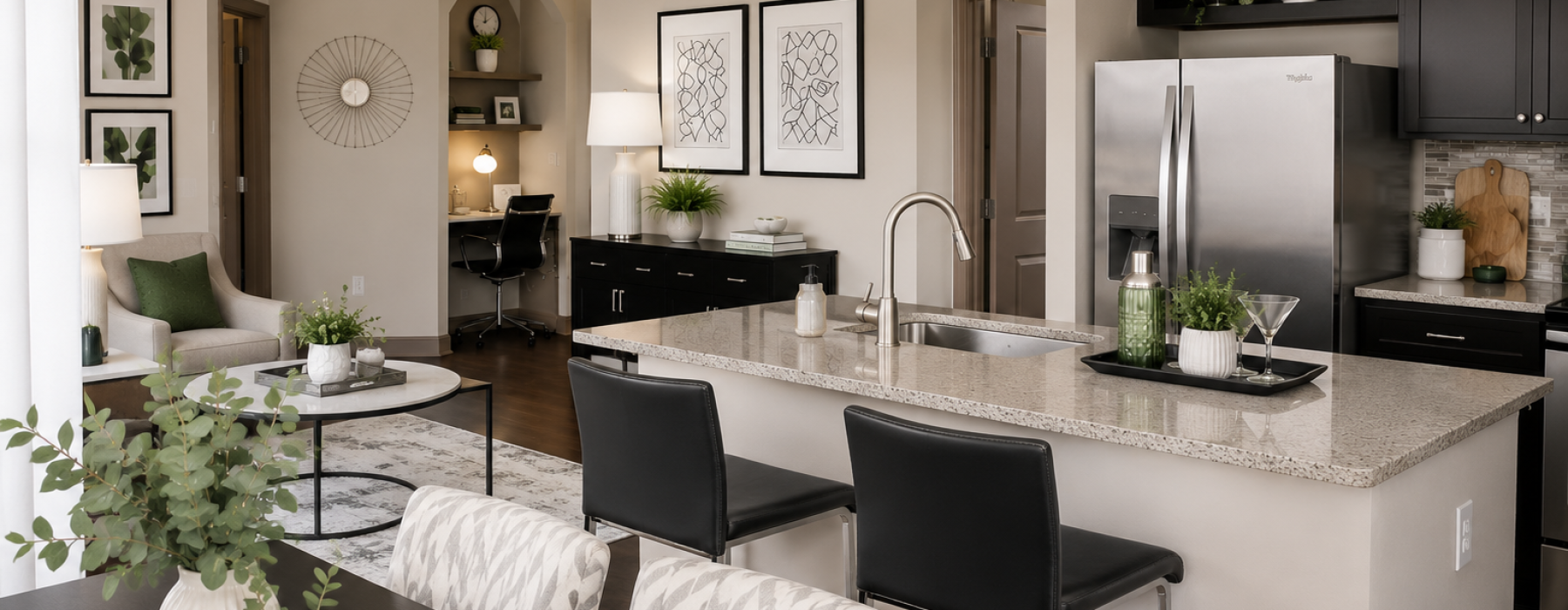 Kitchen island with bar stools, stainless steel appliances and large entryway