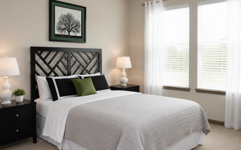 bedroom with table lamps, end tables and artwork