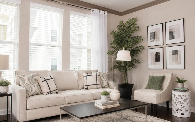 oversized windows brighten spacious, furnished living room